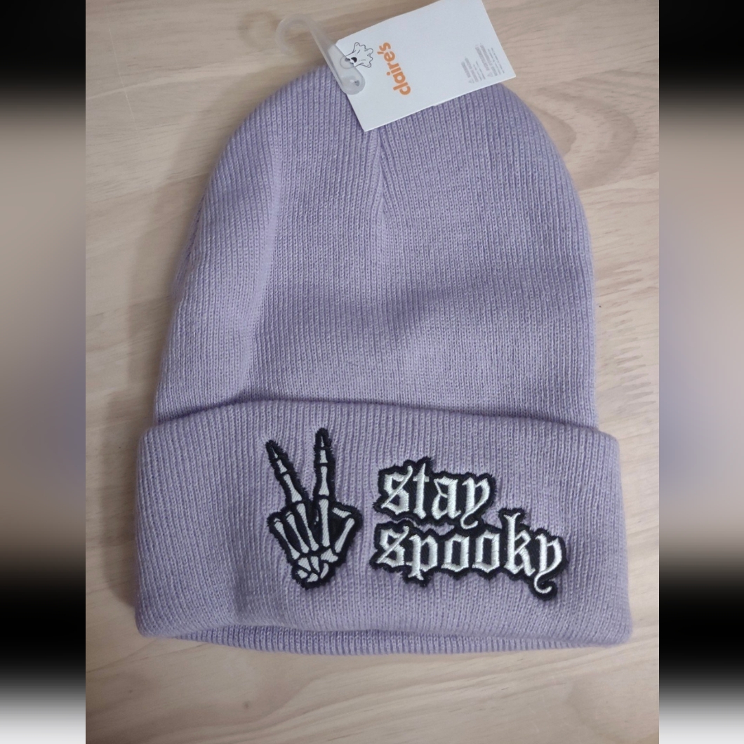 Stay Spooky Skeleton Embroidery Patch Knit Purple Beanie Emo Grunge Gothic
